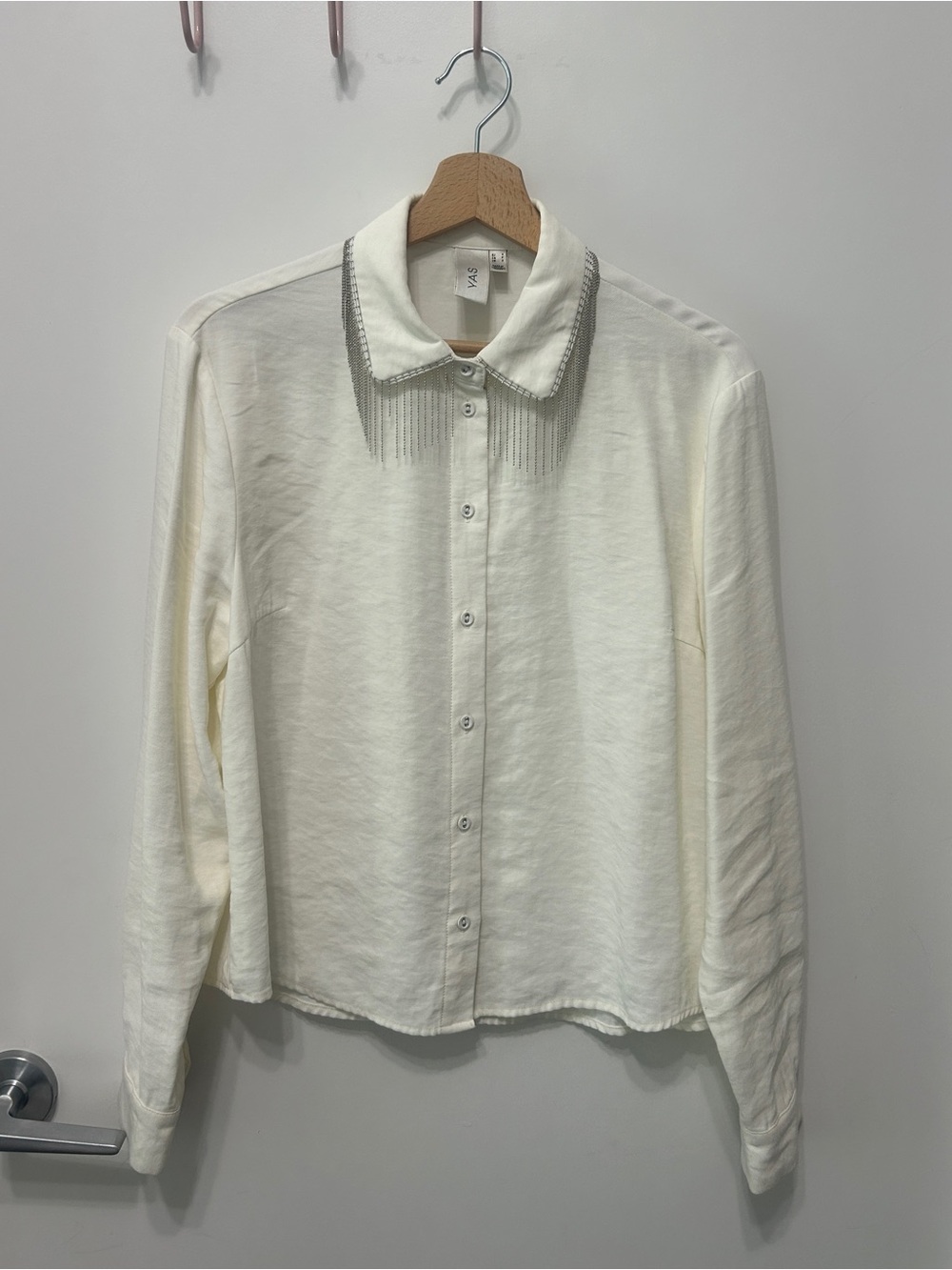 Beaded-Collar White Button-Up Blouse